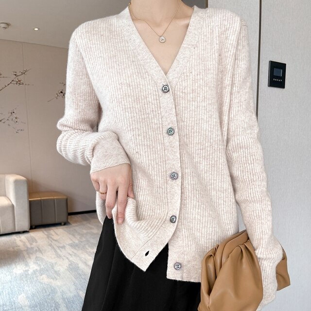 Spring and Autumn Chic V-Neck Striped Cashmere Cardigan Women Cashmere Sweater Long Sleeve Knitting Cardigan Women's
