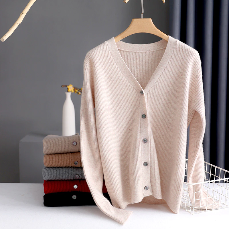 Spring and Autumn Chic V-Neck Striped Cashmere Cardigan Women Cashmere Sweater Long Sleeve Knitting Cardigan Women's