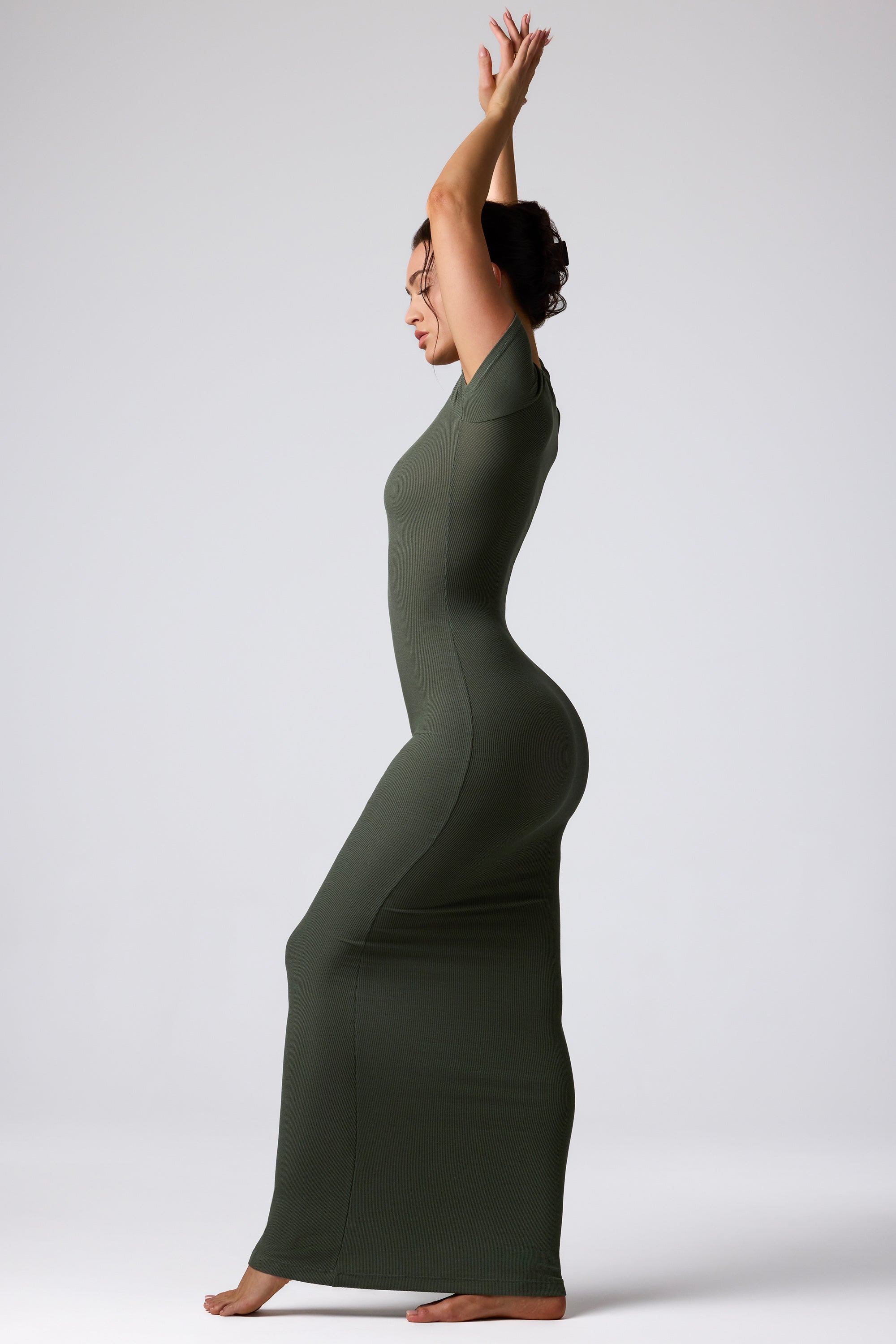 Ribbed Modal Maxi Dress in Khaki Green