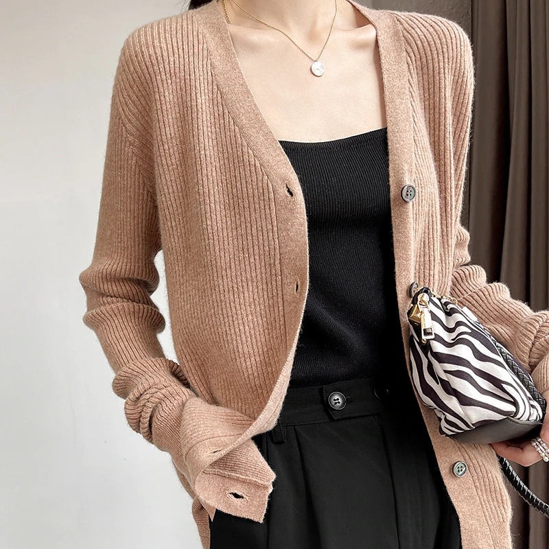 Spring and Autumn Chic V-Neck Striped Cashmere Cardigan Women Cashmere Sweater Long Sleeve Knitting Cardigan Women's
