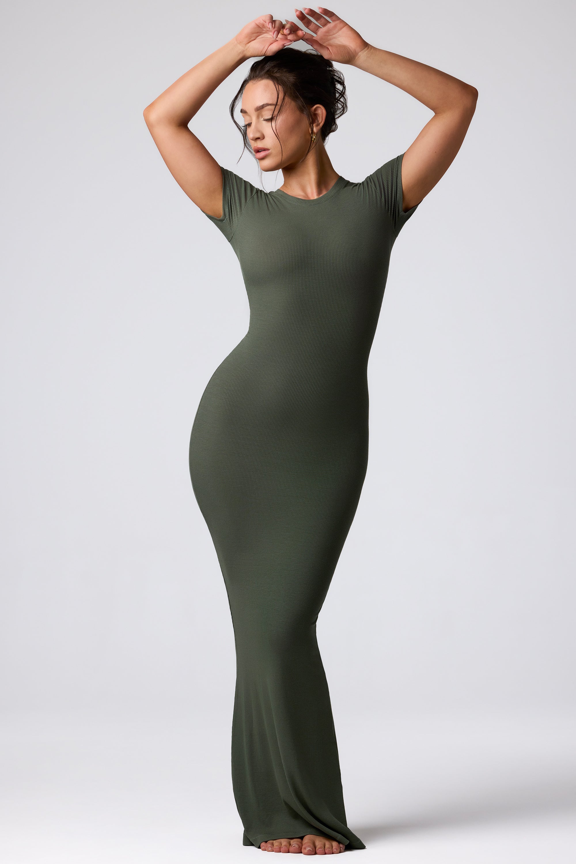 Ribbed Modal Maxi Dress in Khaki Green