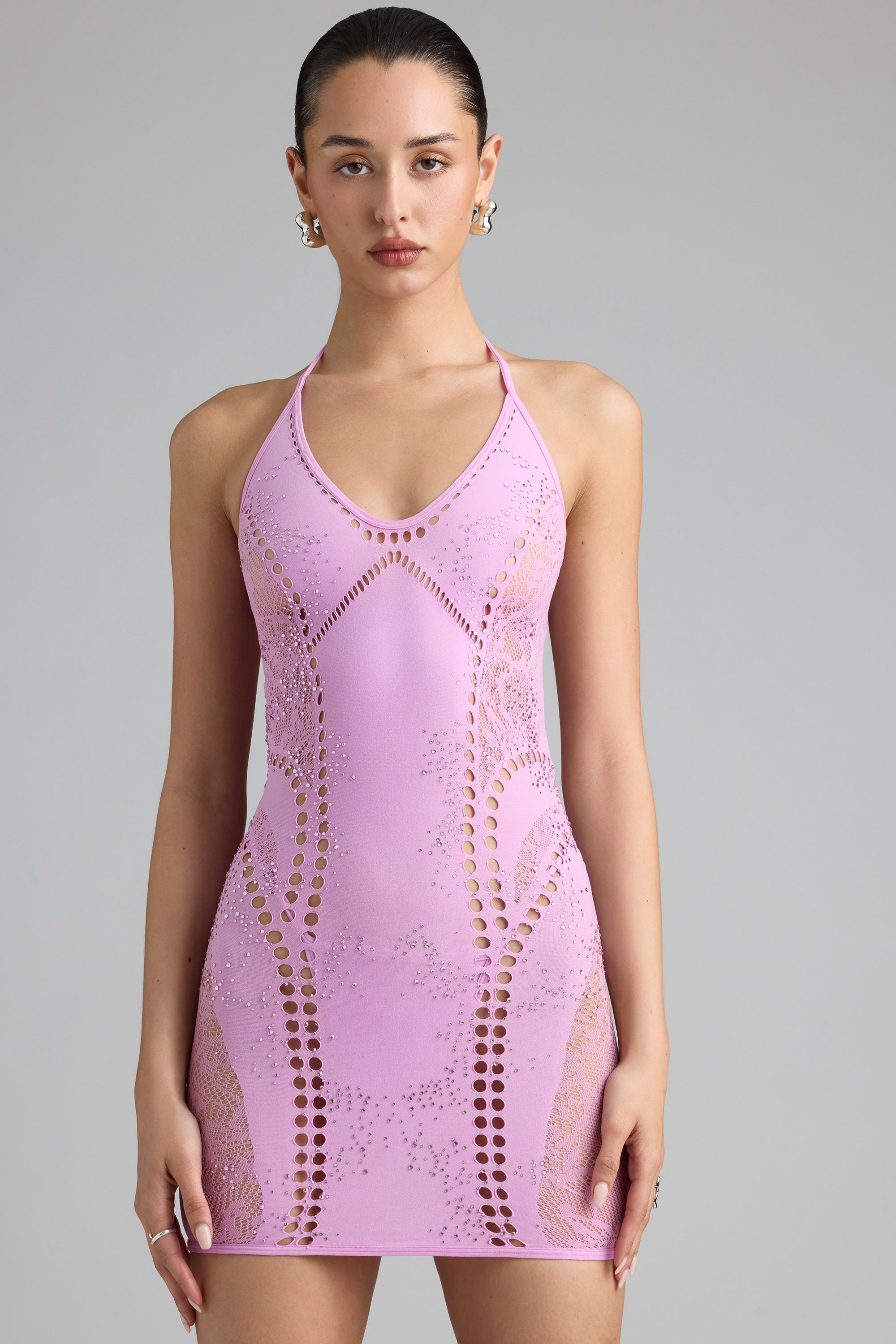 Embellished Halterneck Mini Dress in Violet Pink