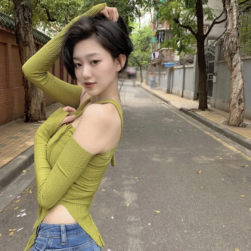 Off Shoulder Long Sleeve Top Tee Shirt Femme Y2K Clothes Green Tops Mujer T-shirt Black Sexy Funny T Shirts Women Cropped