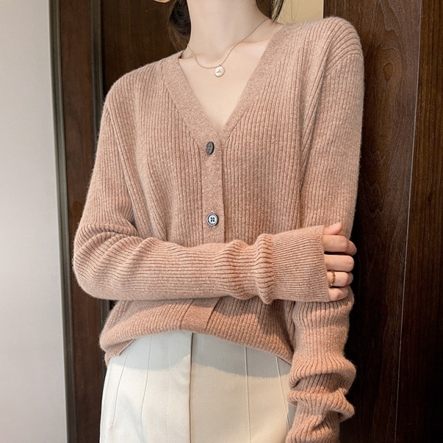 Spring and Autumn Chic V-Neck Striped Cashmere Cardigan Women Cashmere Sweater Long Sleeve Knitting Cardigan Women's
