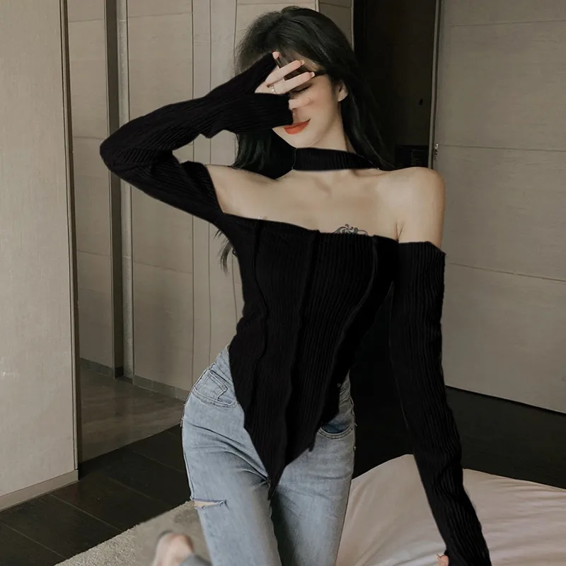 Off Shoulder Long Sleeve Top Tee Shirt Femme Y2K Clothes Green Tops Mujer T-shirt Black Sexy Funny T Shirts Women Cropped