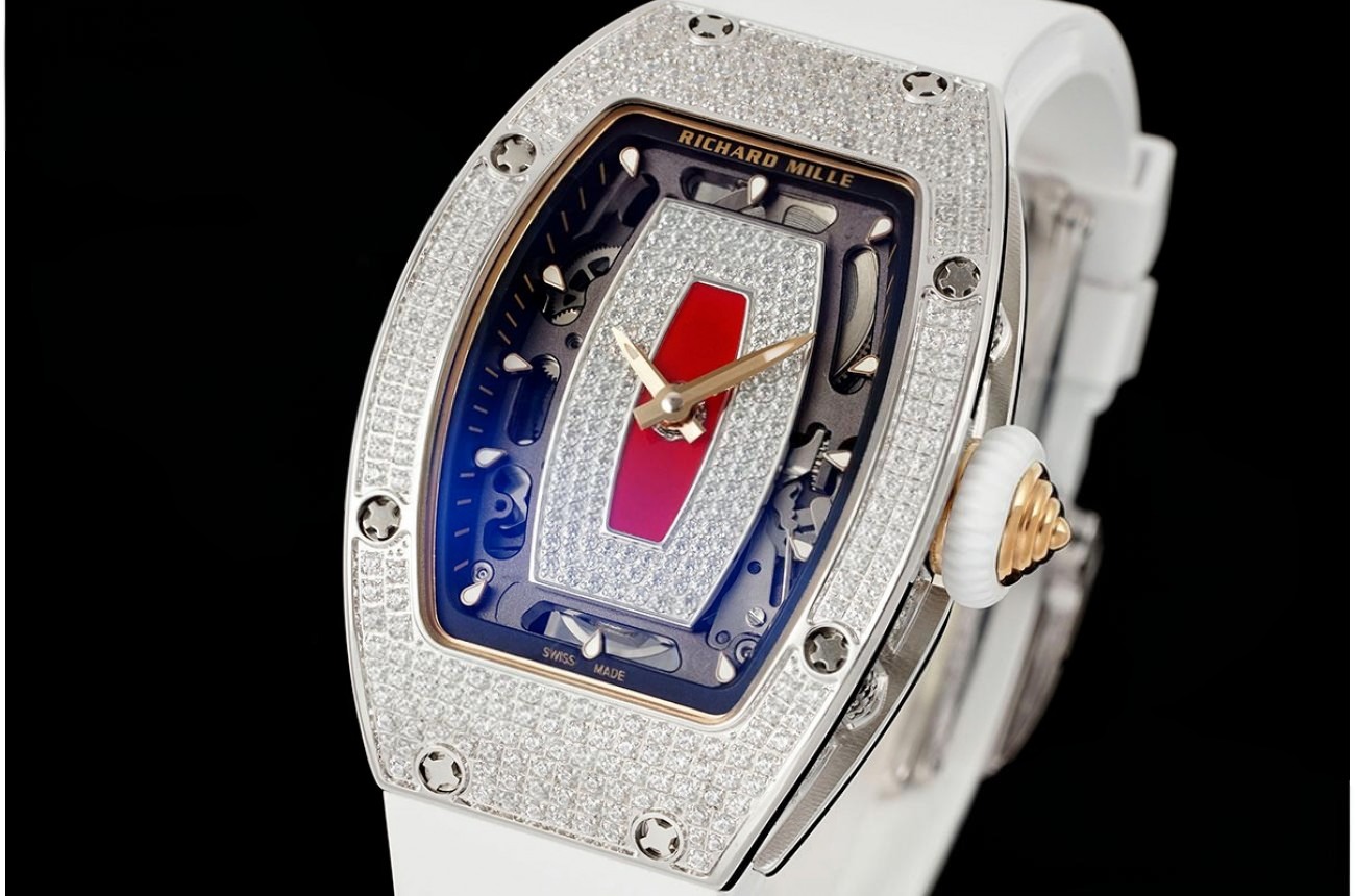 RM07-01 Ladies 31.5mm Red Full Square Diamonds Case on White Rubber ZF CRMA2