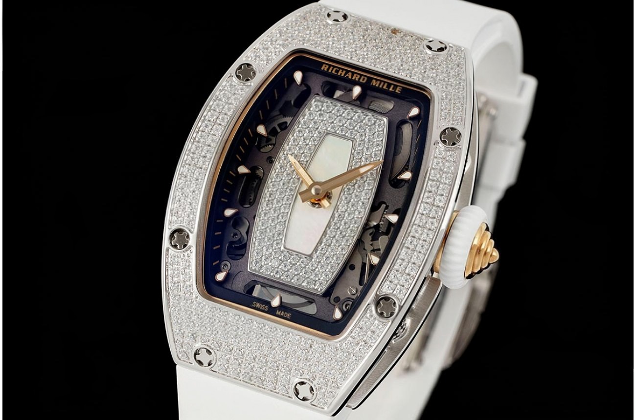 RM07-01 Ladies 31.5mm Mop Full Square Diamonds Case on White Rubber ZF CRMA2